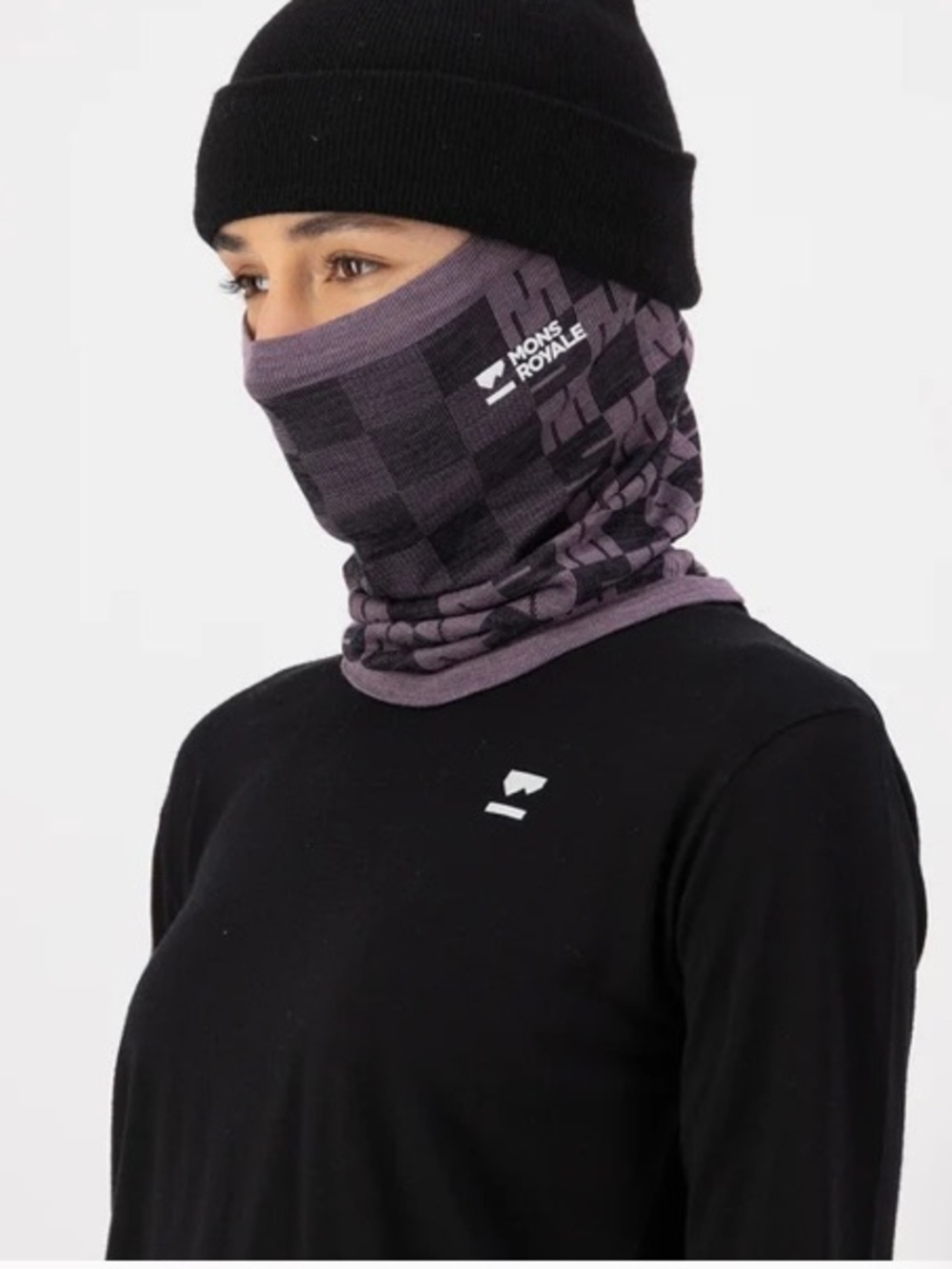 Mons Royale Merino Wool Purple Checker Knit Neck Gaiter